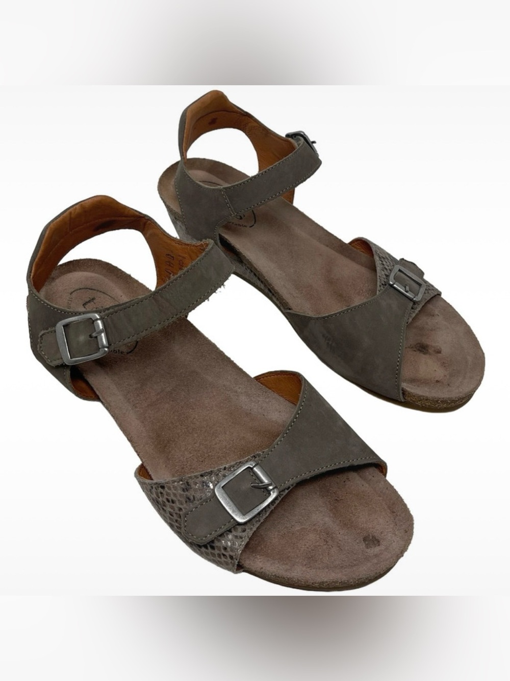Taos “Traveler” Taupe Leather Wedge Sandals Hook & Loop Closure Women’s 8-8.5